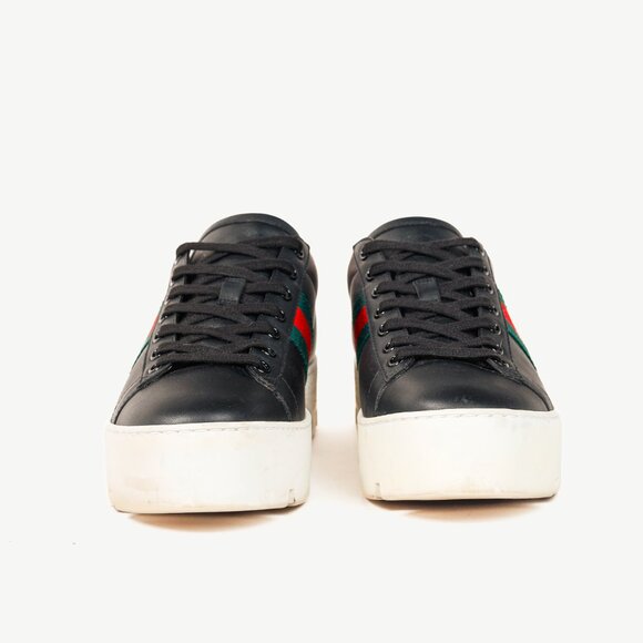 Gucci Ace Web Gold Bee Black Leather White Platform Sneaker - Picture 2 of 11